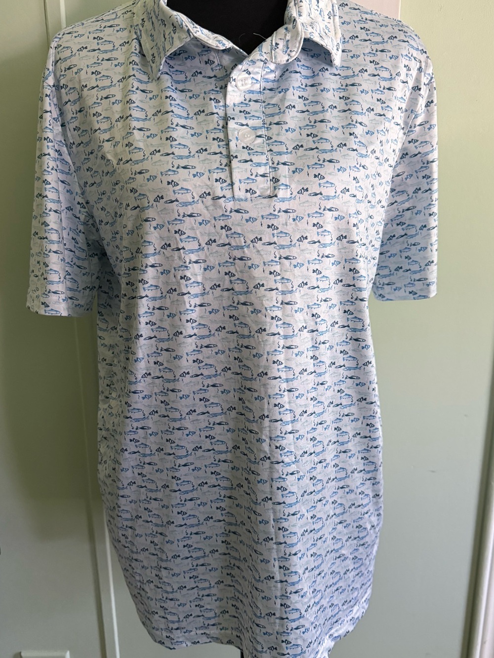 Laguna Swim Men's Short Sleeve Polo Shirt - White with Blue Fish Print Size S